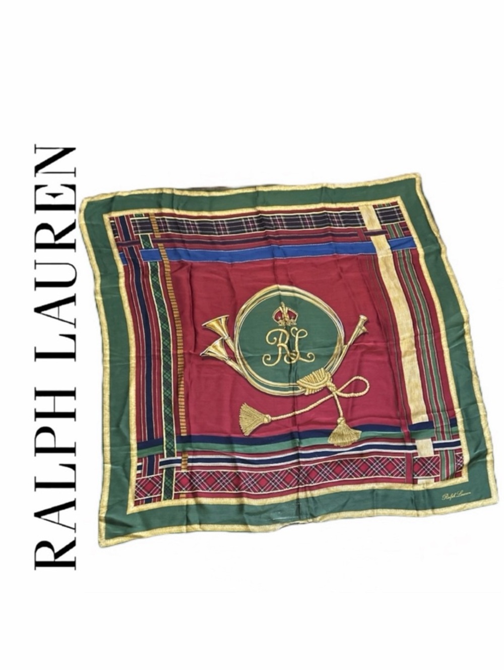 Ralph Lauren VINTAGE Equestrian RL Monogrammed 100 Silk Scarf